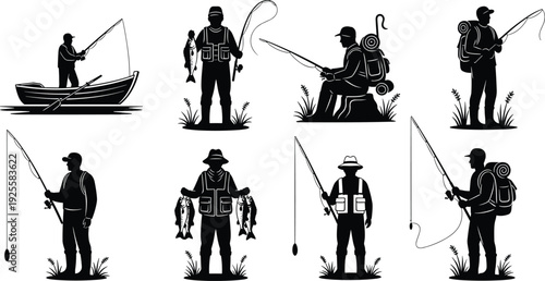 Fisherman Silhouette Set, Angling Sport Vector Icons, Fishing Hobby Graphics, Man Catching Fish Elements, Outdoor Recreation Shapes, Isolated Black, River