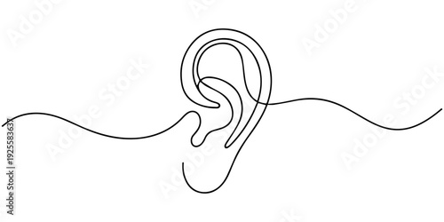 human ear continuous one line drawing, Human ear continuous one line art drawing, abstract, ear outline, minimalist, vector illustration on transparent background, Human ear one continuous line