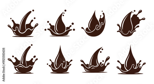 A collection of eight dark brown liquid splash shapes ideal for design elements on transparent background silhouette high quality