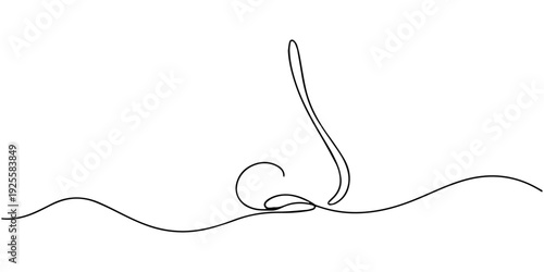 Nose continuous one line drawing, Nose one line art, hand drawn sense respiration organ face part continuous contour. Attractive beauty healthy breathing and smell rhinology concept. Editable stroke.