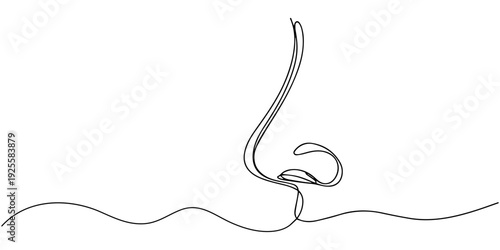 Nose continuous one line drawing, Nose one line art, hand drawn sense respiration organ face part continuous contour. Attractive beauty healthy breathing and smell rhinology concept. Editable stroke.