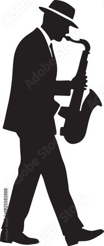 Man in Suit and Hat Saxophonist Vector Elegant Music Performer Silhouette for Jazz Club and Event Posters