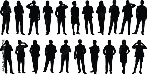 Professional business people silhouettes standing poses set, male and female executives corporate teamwork concept, black vector illustration isolated