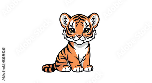 Adorable little tiger cub with black stripes sitting and looking forward with a cute expression and a white background