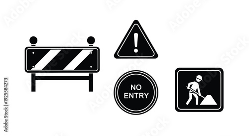 Road warning signs including barrier and worker black silhouette
