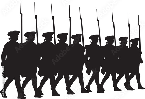 Revolutionary war soldiers marching silhouette vector illustration with vintage muskets art