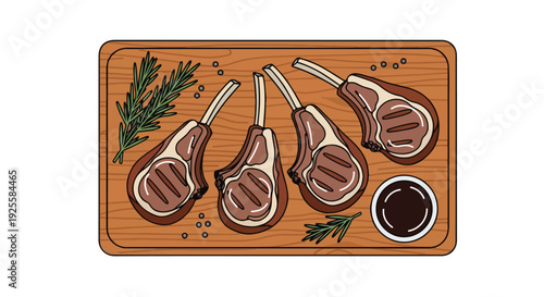 Flat lay of grilled lamb chops on a wooden cutting board with herbs and sauce.