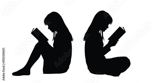Two young girls reading books a striking black silhouette