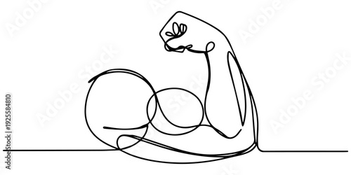 Human arm bicep icon continuous one line drawing outline vector illustration, Strong arm continuous one line drawing showing muscle and power concept, Continuous one line drawing of a muscular arn