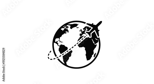 A black silhouette of earth with an airplane and flight path silhouette