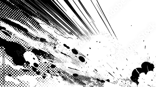 Comic explosion with halftone and speed lines. Explosive black ink splatter comic blast background with dynamic radial speed lines