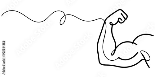 Human arm bicep icon continuous one line drawing outline vector illustration, Strong arm continuous one line drawing showing muscle and power concept, Continuous one line drawing of a muscular arn