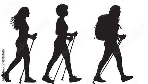 Hikers walking silhouette trio with trekking poles and backpack, outdoor adventure people in side view isolated on white, hiking tour concept illustration
