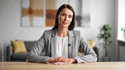 Professional business woman speaking during a video call. Female executive smiling and listening in an online meeting. Corporate communication and remote work concept