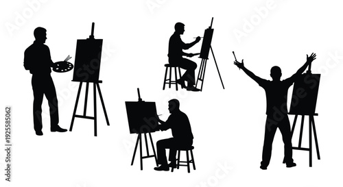 Artists at work in various poses a striking black silhouette