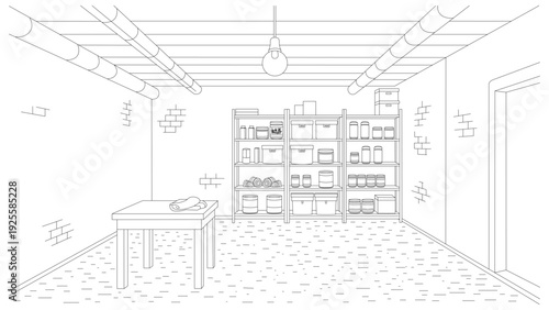 Detailed Basement Interior Black and White Line Art Illustration