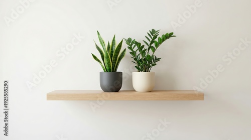 Minimalist wooden shelf displaying two potted green plants against white background