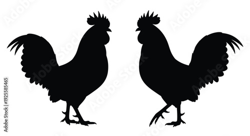 Two roosters standing side by side a bold black silhouette