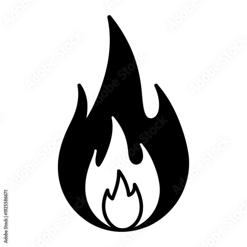 Flame icon burning fire symbol black and white minimalist graphic illustration