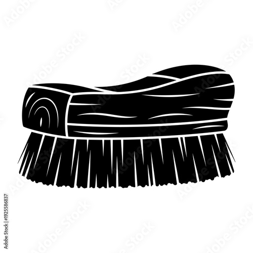Scrub brush with wooden handle for household cleaning black and white vector illustration
