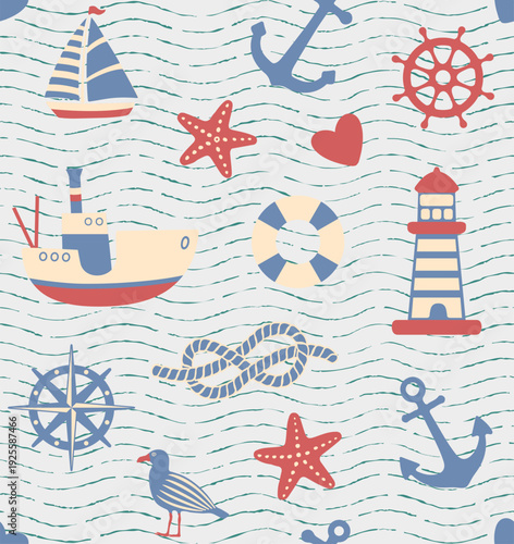 Seamless nautical pattern with sailboats, anchors and seagulls. Sea concept backdrop.