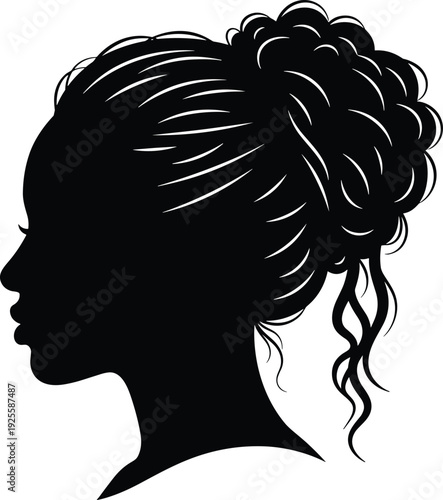 Female profile silhouette, curly hair bun, artistic black figure, minimalist portrait, side view head, elegant woman design, vector illustration