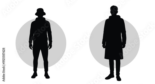 Two figures stand facing forward depicted as a striking silhouette