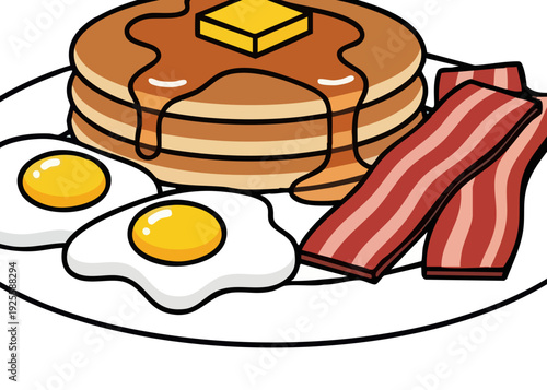 Delicious breakfast plate with pancakes bacon eggs.