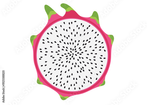 A vibrant pink dragon fruit cut in half.