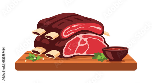 Flat lay illustration of a raw beef roast with a sliced cut on a wooden cutting board with herbs and a bowl of sauce on a white background.