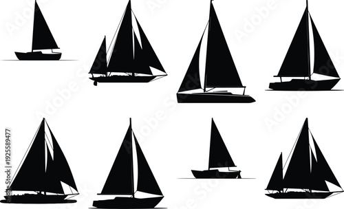 Collection of sailboat silhouettes in various orientations and sizes