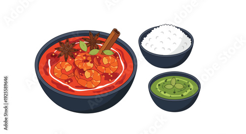 Flat lay illustration of a bowl of curry with rice and sauce on the side against a clean white background.