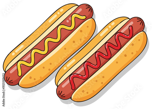 Two hot dogs with mustard and ketchup in buns.