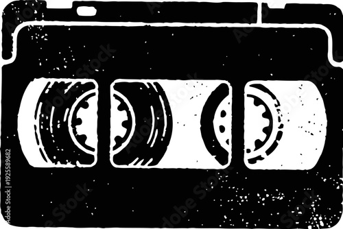 Vintage cassette tape silhouette with distressed texture, retro music and analog audio concept