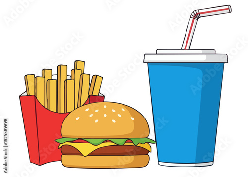 Fast food meal with burger, fries, and cold drink.