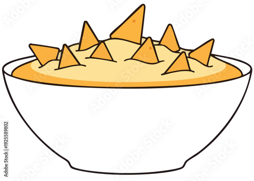 A simple illustration of a bowl of nacho cheese dip with triangular tortilla chips.
