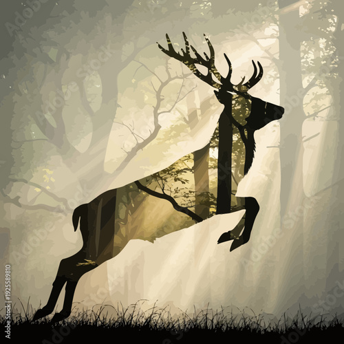 Grunge vector illustration of a scary night landscape featuring a black silhouette forest with old trees and bats flying across a moonlit halloween background