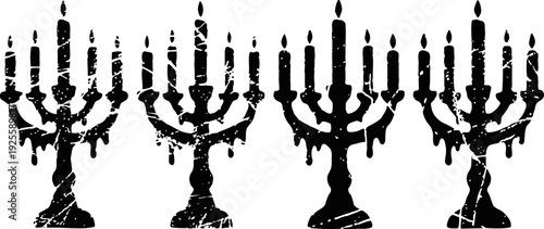 Grunge black menorahs with lit candles set, traditional jewish hanukkah symbols