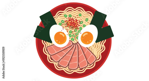 Flat lay illustration of ramen noodles with sliced meat eggs and green onions on a red plate against a white background.