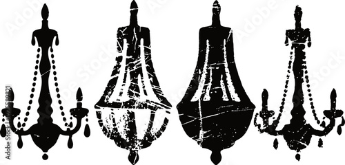 Silhouettes of elegant chandeliers with decorative chains and bulbs in vintage