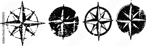 vintage compass rose set with distressed texture nautical navigation symbols, classic wind direction icons