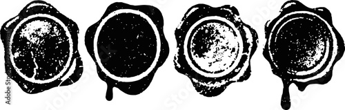 four circular wax seals with textured patterns and melting wax drips on white background