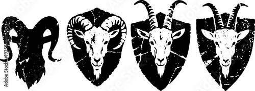 Four black and white goat and ram skull silhouettes with curved horns on shield shaped backgrounds