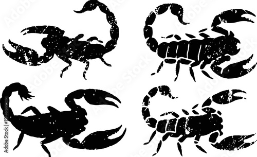 Four black scorpion silhouettes in different poses isolated on white background