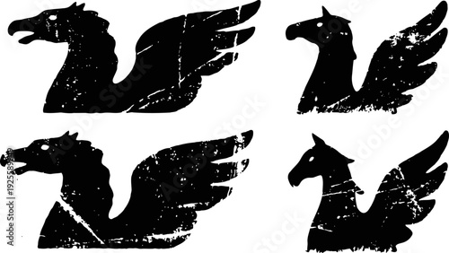 grunge heraldic winged griffin heads and horse heads set with wings and distressed texture