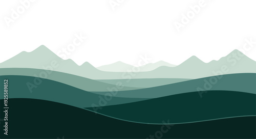 Illustration of layered green hills and mountains in varying shades against a white background.