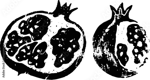 Black and white illustration of pomegranate fruit halves with visible seeds inside
