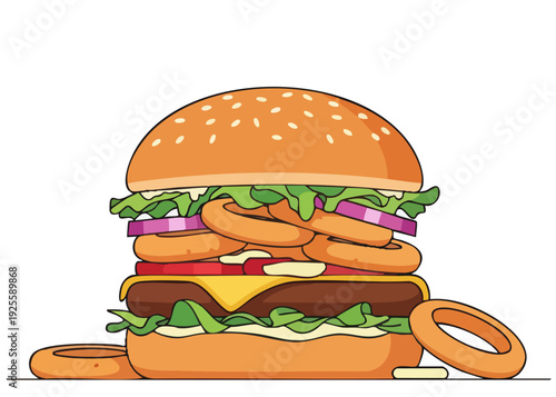 A cartoon illustration of a large cheeseburger with onion rings.