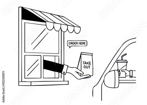 Simple black and white illustration of a takeout service at a storefront with a customer in a car.