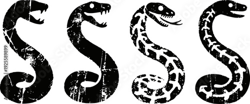 Grunge snake silhouettes in different patterns reptile art set with vintage distressed texture and rough design